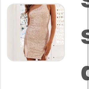 Gold sequin dress one shoulder with lower leg slit